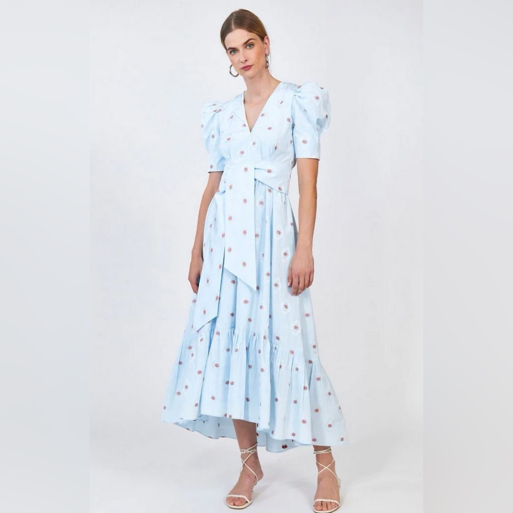 HUNTER BELL Blue Wrap Tiered Midi Dress